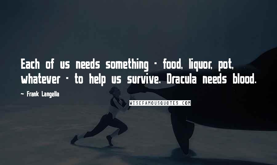 Frank Langella Quotes: Each of us needs something - food, liquor, pot, whatever - to help us survive. Dracula needs blood.