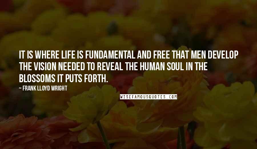 Frank Lloyd Wright Quotes: It is where life is fundamental and free that men develop the vision needed to reveal the human soul in the blossoms it puts forth.