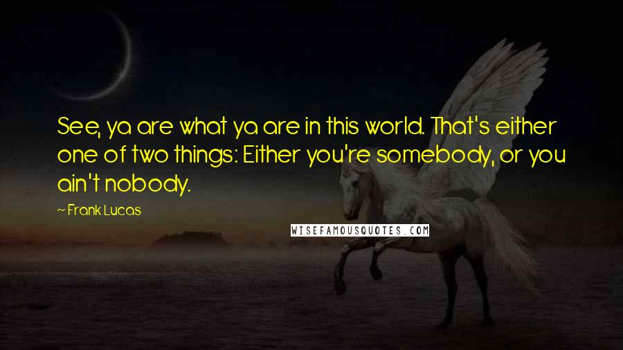 Frank Lucas Quotes: See, ya are what ya are in this world. That's either one of two things: Either you're somebody, or you ain't nobody.