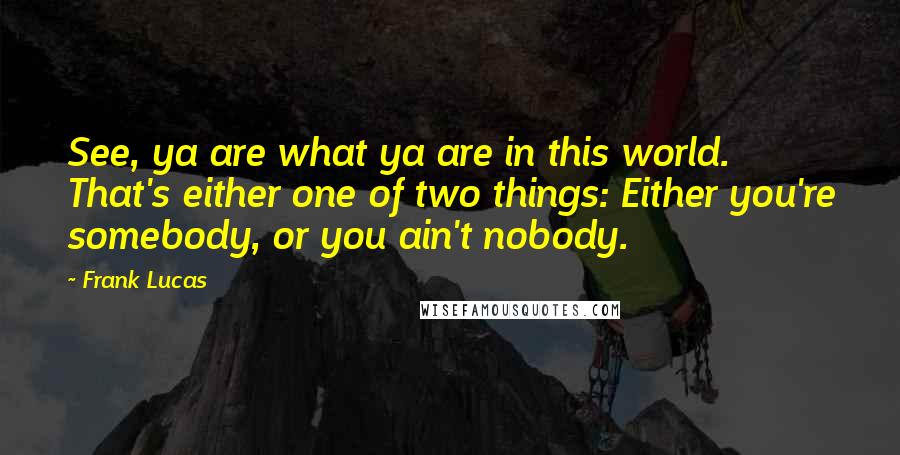 Frank Lucas Quotes: See, ya are what ya are in this world. That's either one of two things: Either you're somebody, or you ain't nobody.