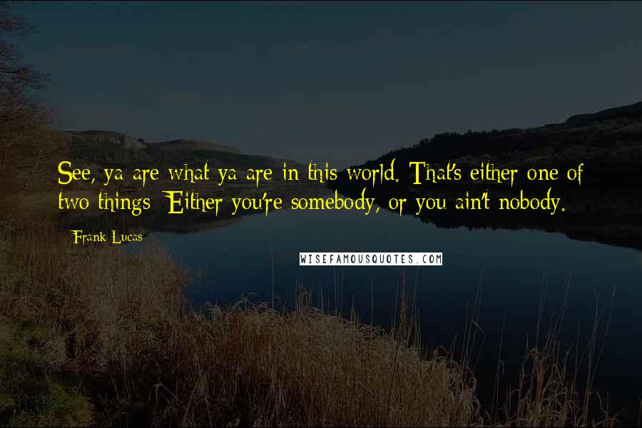 Frank Lucas Quotes: See, ya are what ya are in this world. That's either one of two things: Either you're somebody, or you ain't nobody.