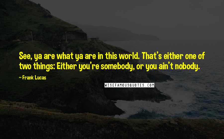 Frank Lucas Quotes: See, ya are what ya are in this world. That's either one of two things: Either you're somebody, or you ain't nobody.