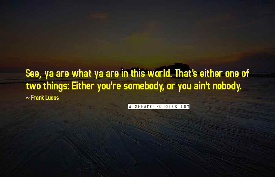 Frank Lucas Quotes: See, ya are what ya are in this world. That's either one of two things: Either you're somebody, or you ain't nobody.