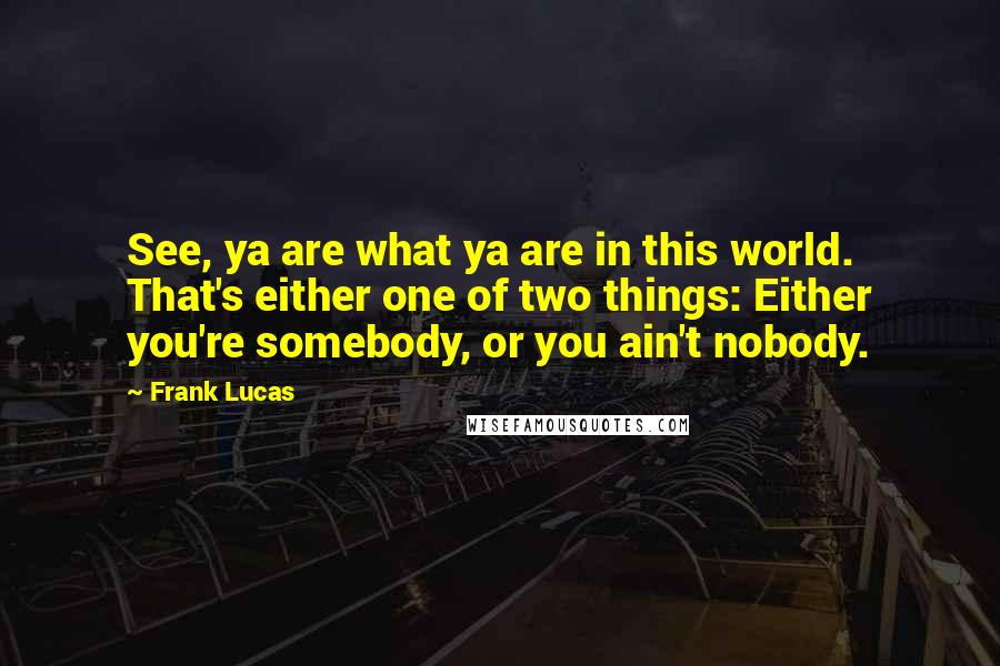 Frank Lucas Quotes: See, ya are what ya are in this world. That's either one of two things: Either you're somebody, or you ain't nobody.