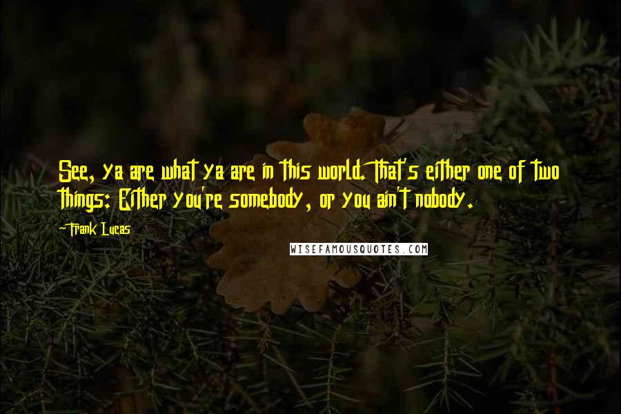 Frank Lucas Quotes: See, ya are what ya are in this world. That's either one of two things: Either you're somebody, or you ain't nobody.