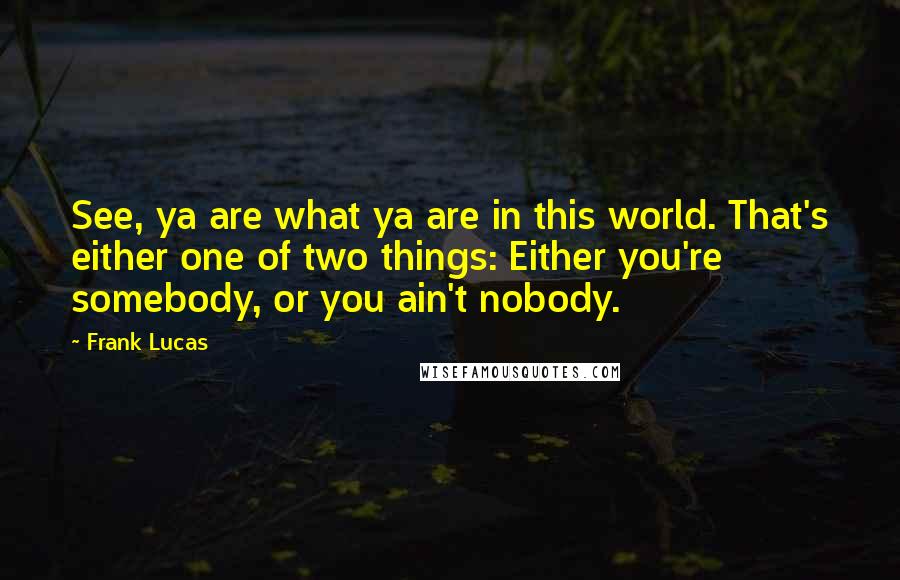 Frank Lucas Quotes: See, ya are what ya are in this world. That's either one of two things: Either you're somebody, or you ain't nobody.