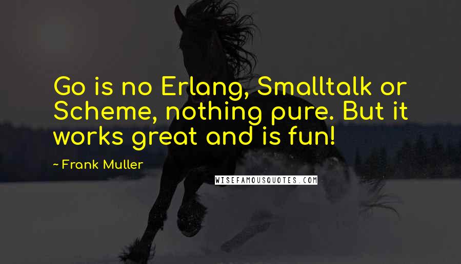 Frank Muller Quotes: Go is no Erlang, Smalltalk or Scheme, nothing pure. But it works great and is fun!