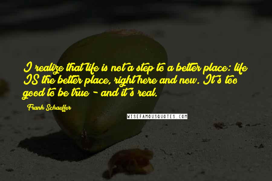 Frank Schaeffer Quotes: I realize that life is not a step to a better place: life IS the better place, right here and now. It's too good to be true - and it's real.