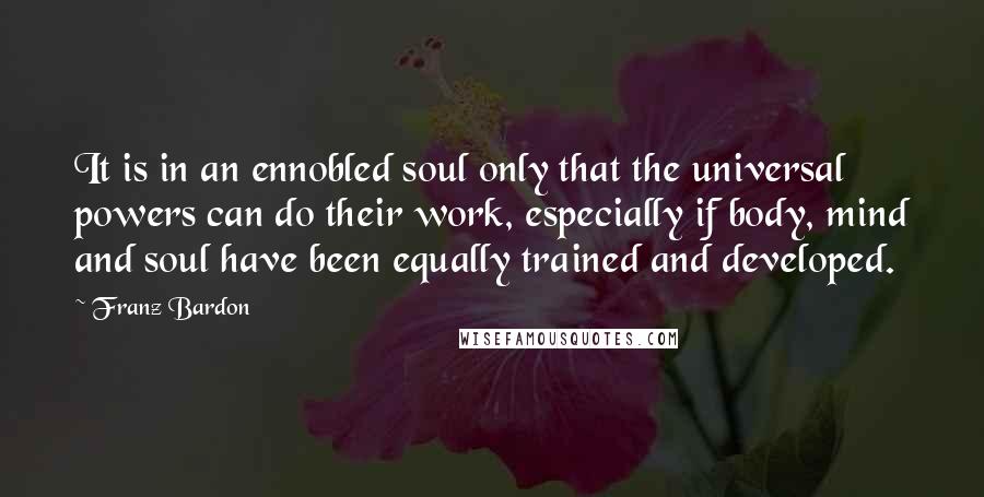 Franz Bardon Quotes: It is in an ennobled soul only that the universal powers can do their work, especially if body, mind and soul have been equally trained and developed.