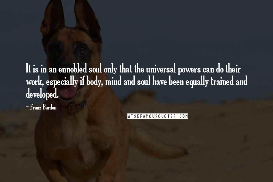 Franz Bardon Quotes: It is in an ennobled soul only that the universal powers can do their work, especially if body, mind and soul have been equally trained and developed.