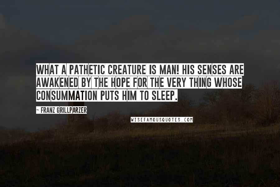 Franz Grillparzer Quotes: What a pathetic creature is man! His senses are awakened by the hope for the very thing whose consummation puts him to sleep.