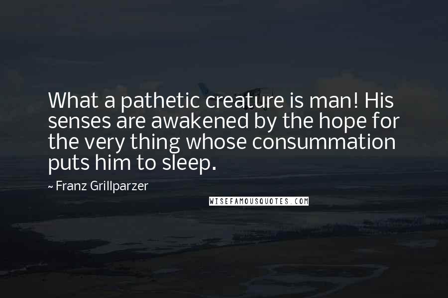 Franz Grillparzer Quotes: What a pathetic creature is man! His senses are awakened by the hope for the very thing whose consummation puts him to sleep.