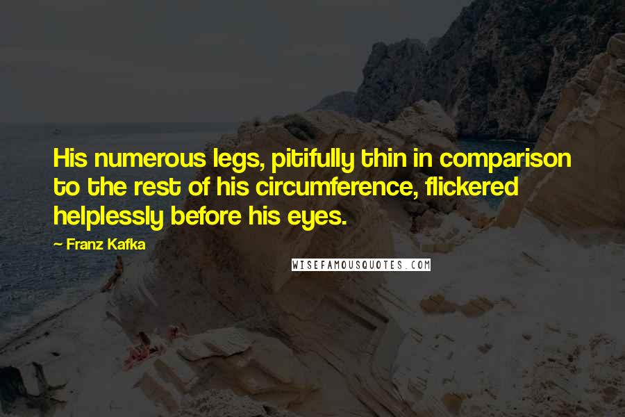 Franz Kafka Quotes: His numerous legs, pitifully thin in comparison to the rest of his circumference, flickered helplessly before his eyes.