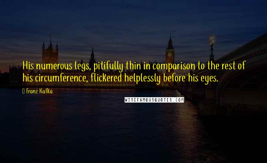 Franz Kafka Quotes: His numerous legs, pitifully thin in comparison to the rest of his circumference, flickered helplessly before his eyes.