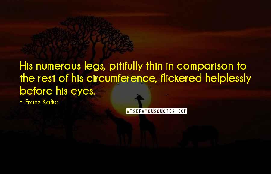 Franz Kafka Quotes: His numerous legs, pitifully thin in comparison to the rest of his circumference, flickered helplessly before his eyes.
