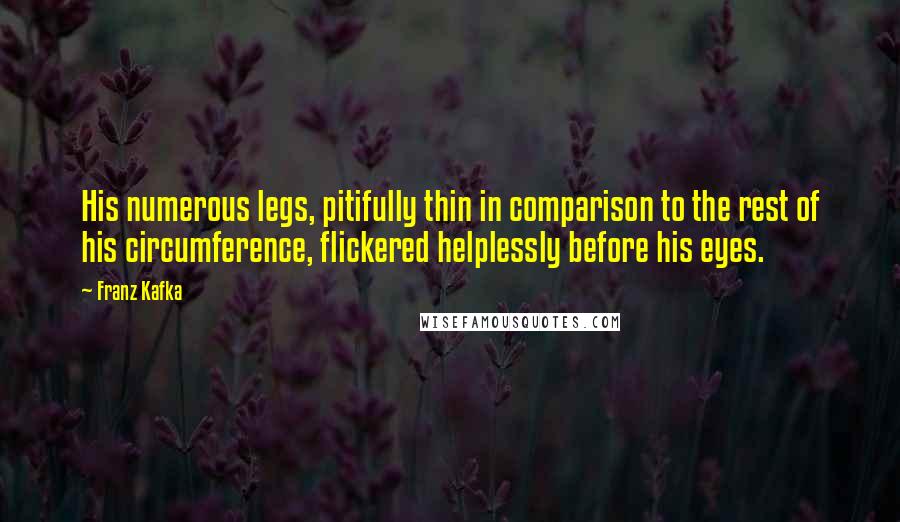 Franz Kafka Quotes: His numerous legs, pitifully thin in comparison to the rest of his circumference, flickered helplessly before his eyes.