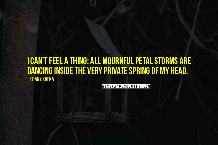 Franz Kafka Quotes: I can't feel a thing; All mournful petal storms are dancing inside the very private spring of my head.