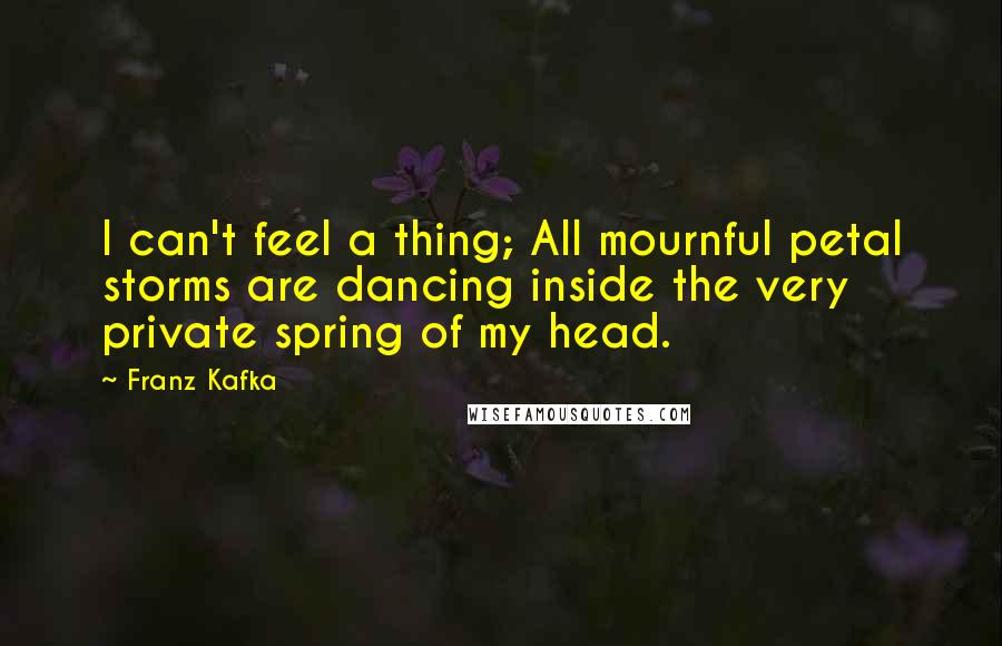 Franz Kafka Quotes: I can't feel a thing; All mournful petal storms are dancing inside the very private spring of my head.