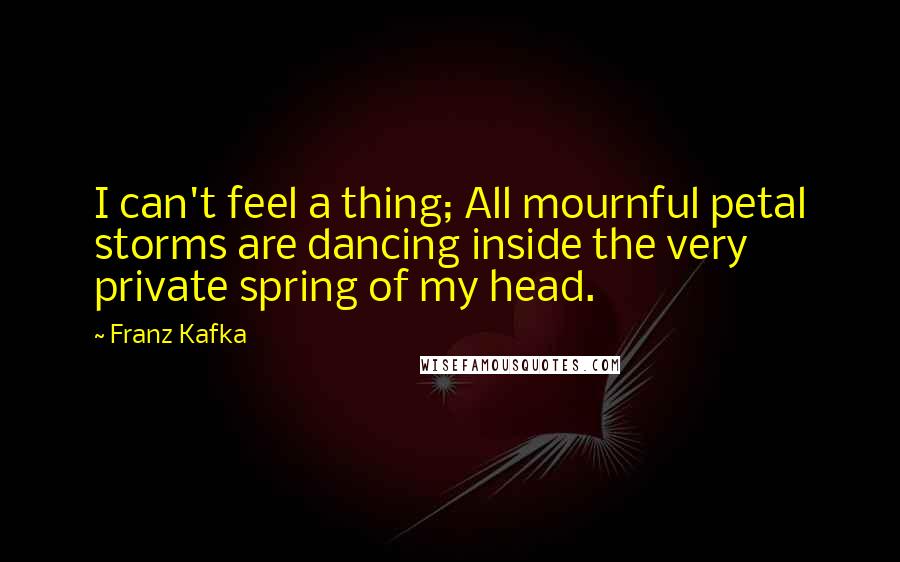 Franz Kafka Quotes: I can't feel a thing; All mournful petal storms are dancing inside the very private spring of my head.