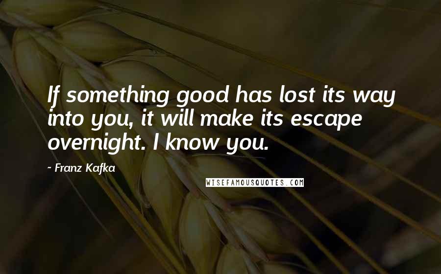 Franz Kafka Quotes: If something good has lost its way into you, it will make its escape overnight. I know you.