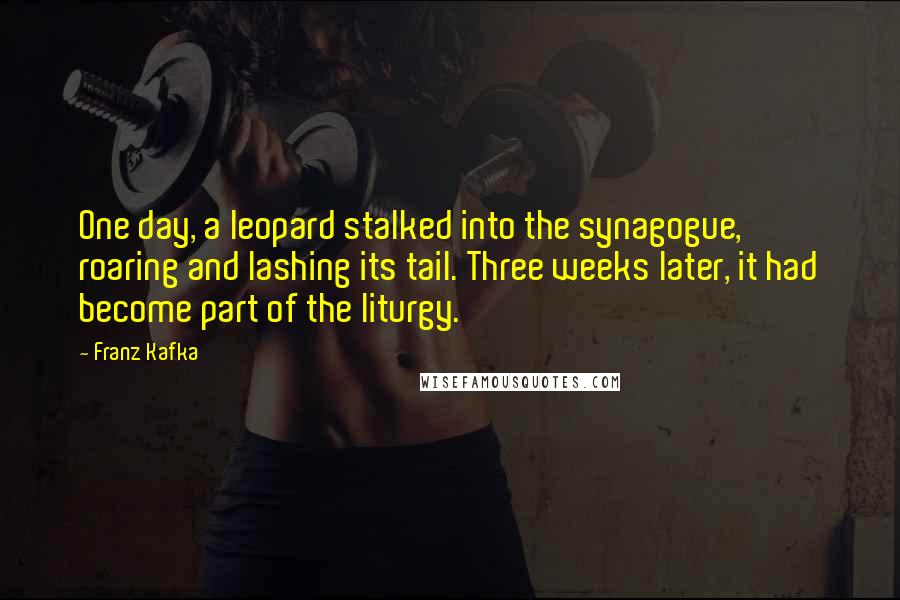 Franz Kafka Quotes: One day, a leopard stalked into the synagogue, roaring and lashing its tail. Three weeks later, it had become part of the liturgy.