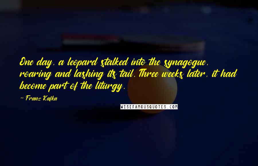 Franz Kafka Quotes: One day, a leopard stalked into the synagogue, roaring and lashing its tail. Three weeks later, it had become part of the liturgy.