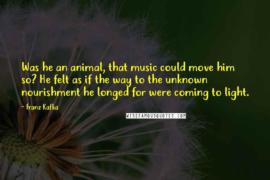 Franz Kafka Quotes: Was he an animal, that music could move him so? He felt as if the way to the unknown nourishment he longed for were coming to light.