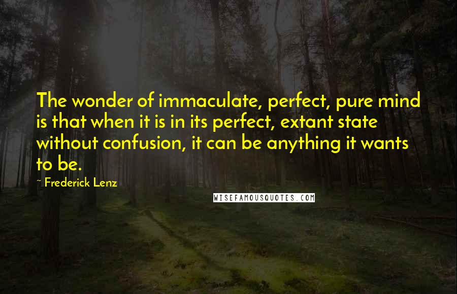 Frederick Lenz Quotes: The wonder of immaculate, perfect, pure mind is that when it is in its perfect, extant state without confusion, it can be anything it wants to be.