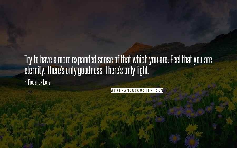 Frederick Lenz Quotes: Try to have a more expanded sense of that which you are. Feel that you are eternity. There's only goodness. There's only light.