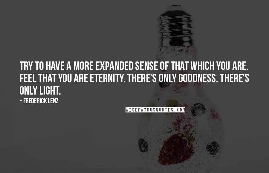 Frederick Lenz Quotes: Try to have a more expanded sense of that which you are. Feel that you are eternity. There's only goodness. There's only light.