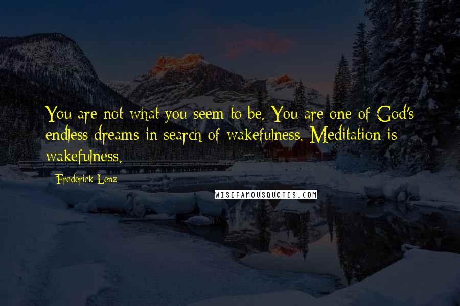 Frederick Lenz Quotes: You are not what you seem to be. You are one of God's endless dreams in search of wakefulness. Meditation is wakefulness.