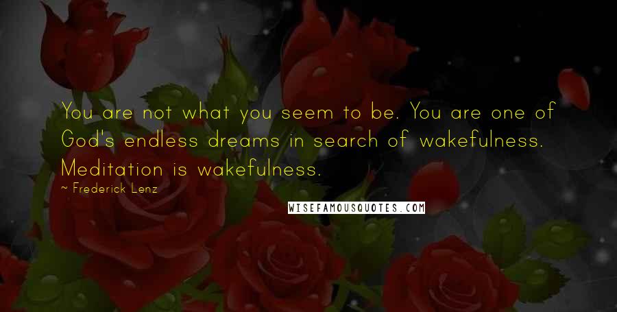 Frederick Lenz Quotes: You are not what you seem to be. You are one of God's endless dreams in search of wakefulness. Meditation is wakefulness.