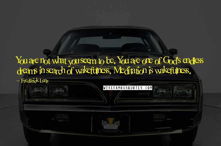 Frederick Lenz Quotes: You are not what you seem to be. You are one of God's endless dreams in search of wakefulness. Meditation is wakefulness.