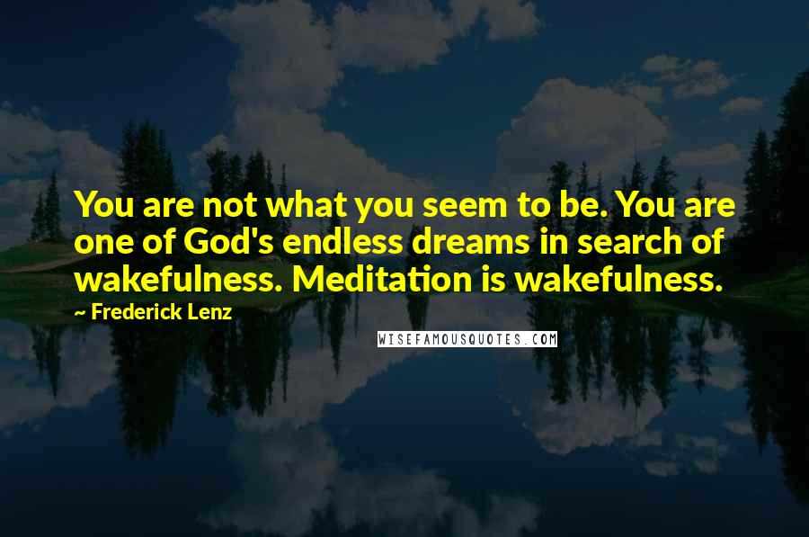 Frederick Lenz Quotes: You are not what you seem to be. You are one of God's endless dreams in search of wakefulness. Meditation is wakefulness.