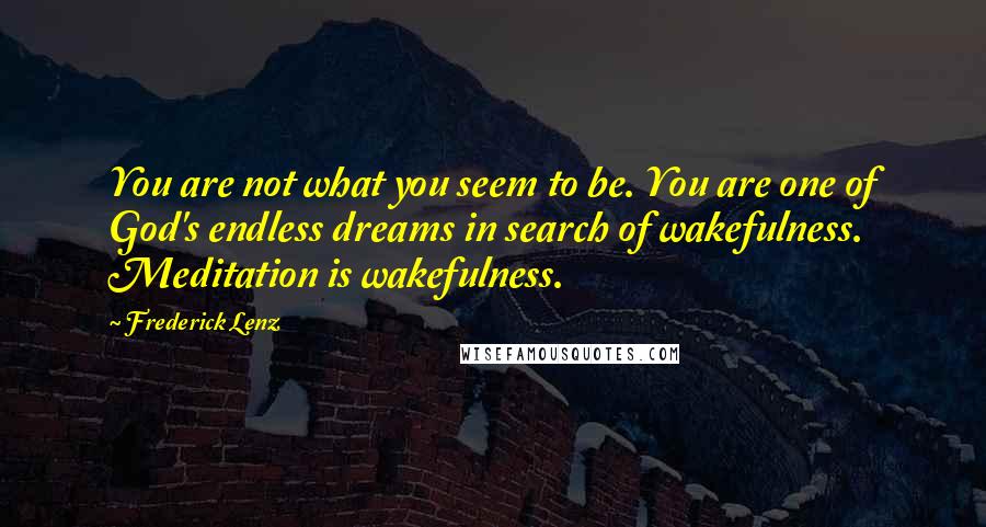 Frederick Lenz Quotes: You are not what you seem to be. You are one of God's endless dreams in search of wakefulness. Meditation is wakefulness.