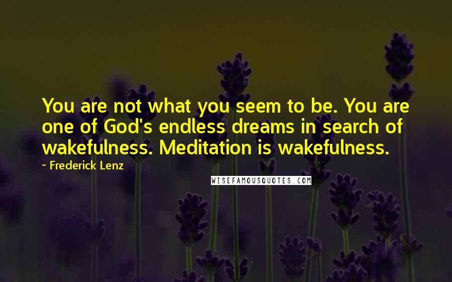 Frederick Lenz Quotes: You are not what you seem to be. You are one of God's endless dreams in search of wakefulness. Meditation is wakefulness.