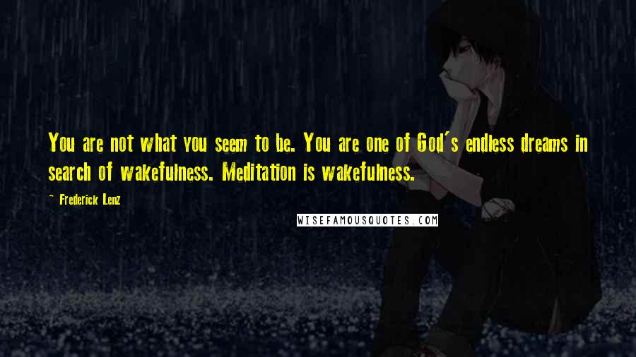 Frederick Lenz Quotes: You are not what you seem to be. You are one of God's endless dreams in search of wakefulness. Meditation is wakefulness.