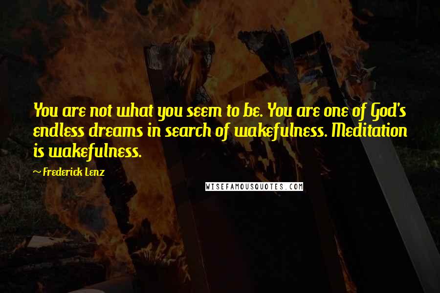 Frederick Lenz Quotes: You are not what you seem to be. You are one of God's endless dreams in search of wakefulness. Meditation is wakefulness.