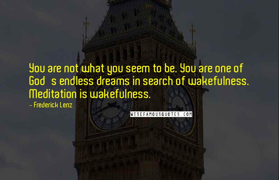 Frederick Lenz Quotes: You are not what you seem to be. You are one of God's endless dreams in search of wakefulness. Meditation is wakefulness.