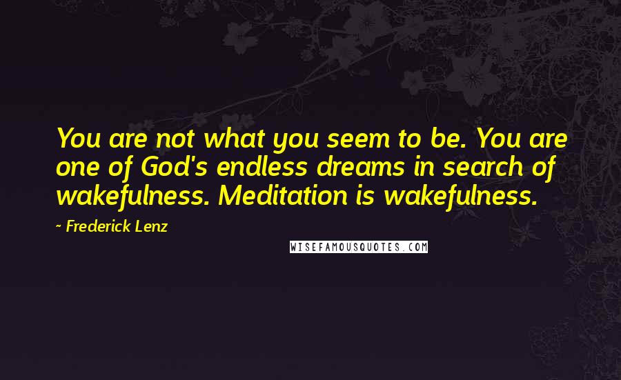 Frederick Lenz Quotes: You are not what you seem to be. You are one of God's endless dreams in search of wakefulness. Meditation is wakefulness.