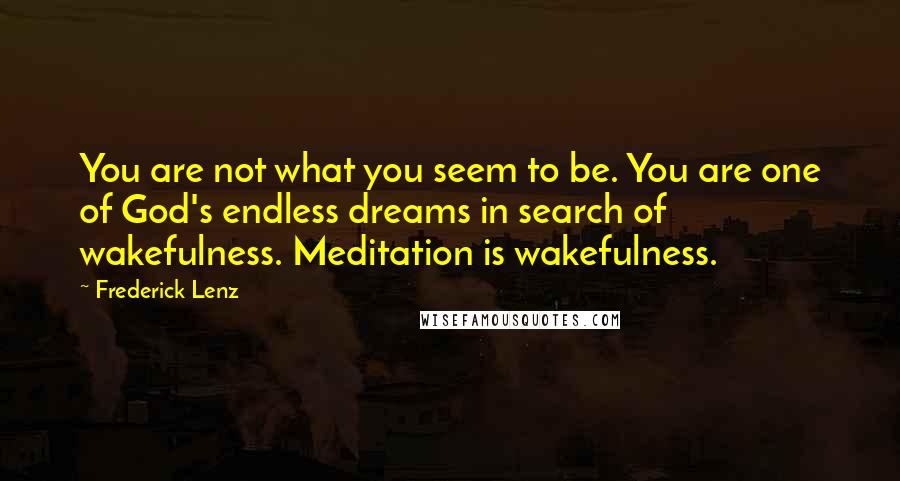 Frederick Lenz Quotes: You are not what you seem to be. You are one of God's endless dreams in search of wakefulness. Meditation is wakefulness.