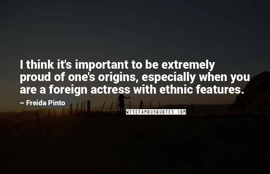 Freida Pinto Quotes: I think it's important to be extremely proud of one's origins, especially when you are a foreign actress with ethnic features.