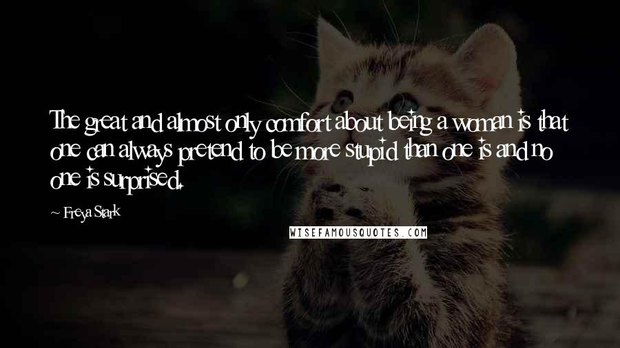 Freya Stark Quotes: The great and almost only comfort about being a woman is that one can always pretend to be more stupid than one is and no one is surprised.