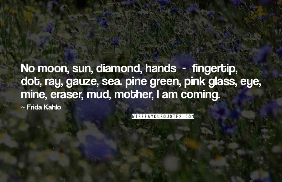 Frida Kahlo Quotes: No moon, sun, diamond, hands  -  fingertip, dot, ray, gauze, sea. pine green, pink glass, eye, mine, eraser, mud, mother, I am coming.