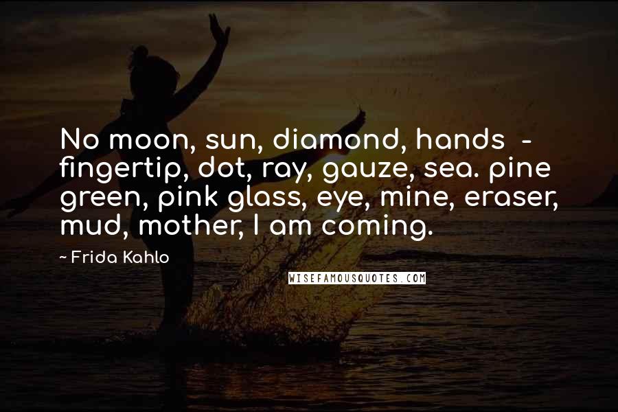 Frida Kahlo Quotes: No moon, sun, diamond, hands  -  fingertip, dot, ray, gauze, sea. pine green, pink glass, eye, mine, eraser, mud, mother, I am coming.