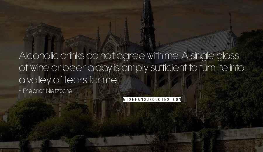 Friedrich Nietzsche Quotes: Alcoholic drinks do not agree with me. A single glass of wine or beer a day is amply sufficient to turn life into a valley of tears for me.