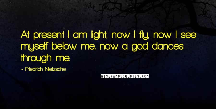 Friedrich Nietzsche Quotes: At present I am light, now I fly, now I see myself below me, now a god dances through me.