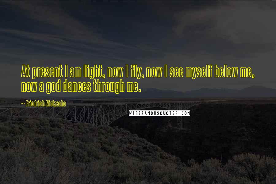 Friedrich Nietzsche Quotes: At present I am light, now I fly, now I see myself below me, now a god dances through me.