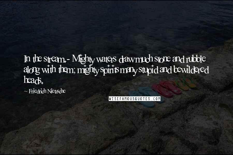 Friedrich Nietzsche Quotes: In the stream.- Mighty waters draw much stone and rubble along with them; mighty spirits many stupid and bewildered heads.