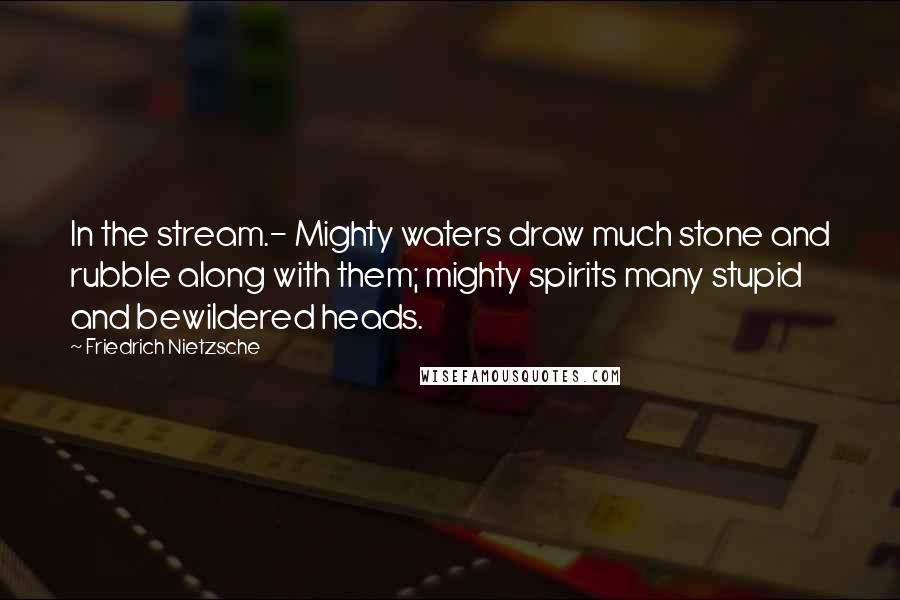 Friedrich Nietzsche Quotes: In the stream.- Mighty waters draw much stone and rubble along with them; mighty spirits many stupid and bewildered heads.